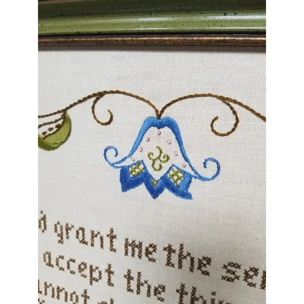 Vintage 18x20 Framed Handmade God Grant Serenity Cross Stitch Embroidery Floral